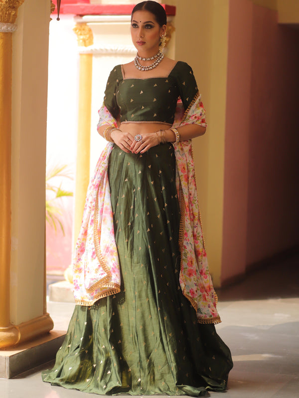 Banarasee Chanderi Silk Lehenga & Blouse With Crepe Silk Dupatta-Olive Green
