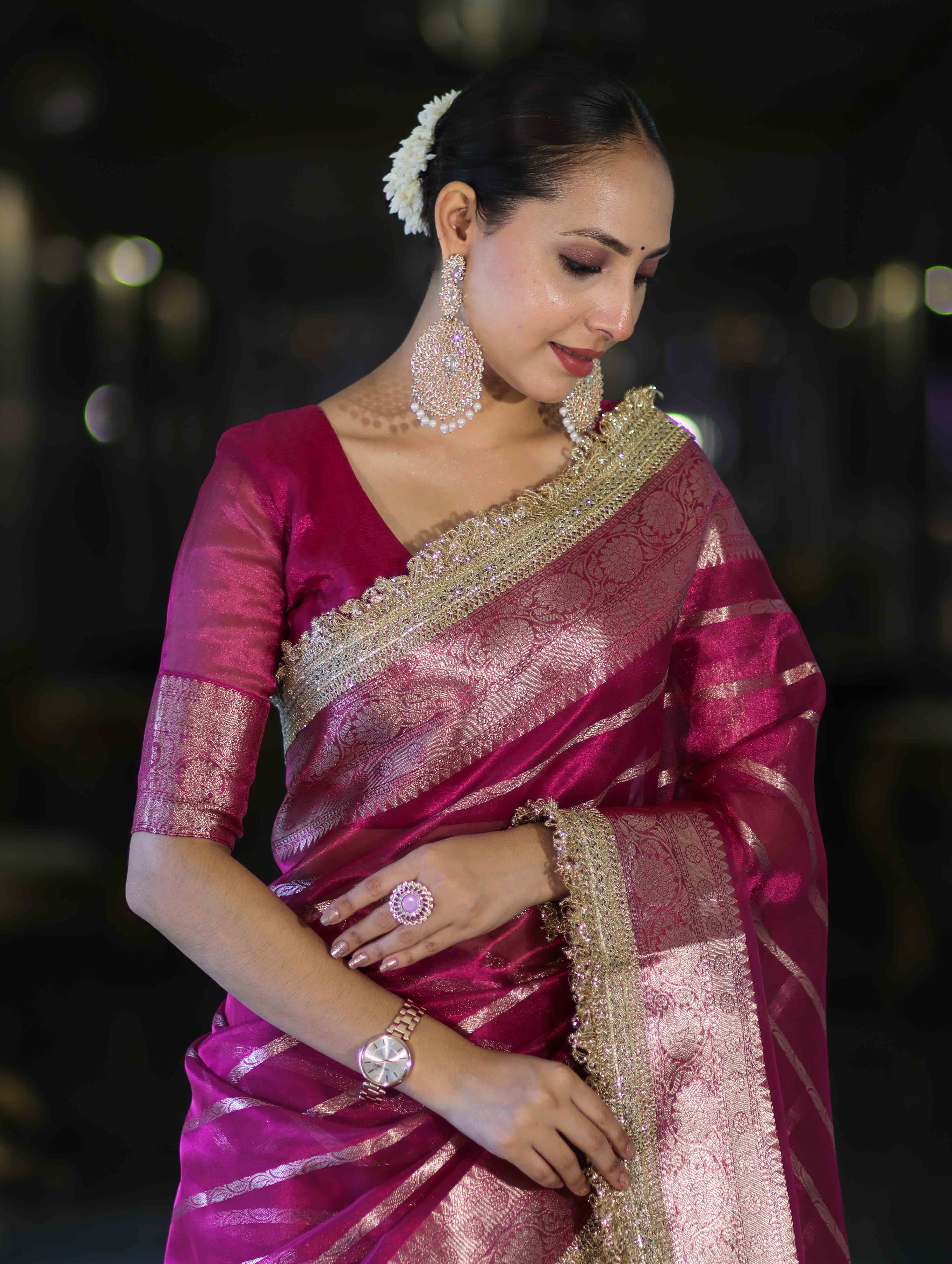 Banarasee Handwoven Tissue Saree With Zari Stripe Pattern Border & Lace-Magenta