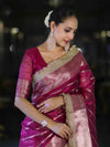 Banarasee Handwoven Tissue Saree With Zari Stripe Pattern Border & Lace-Magenta