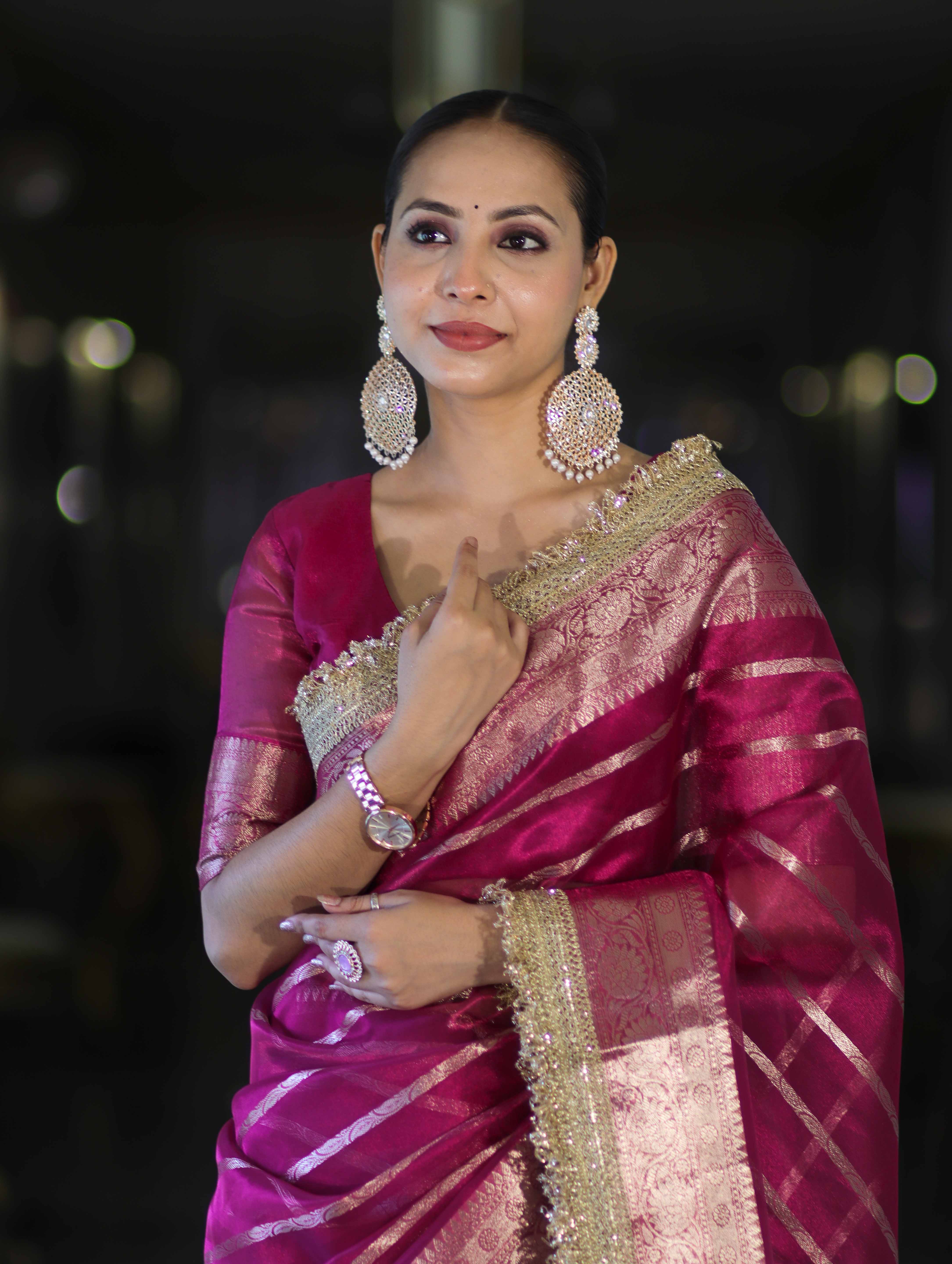 Banarasee Handwoven Tissue Saree With Zari Stripe Pattern Border & Lace-Magenta