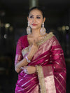 Banarasee Handwoven Tissue Saree With Zari Stripe Pattern Border & Lace-Magenta