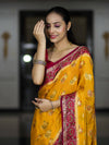 Banarasee Handloom Pure Chiffon Saree With Resham Work & Contrast Border-Yellow & Pink