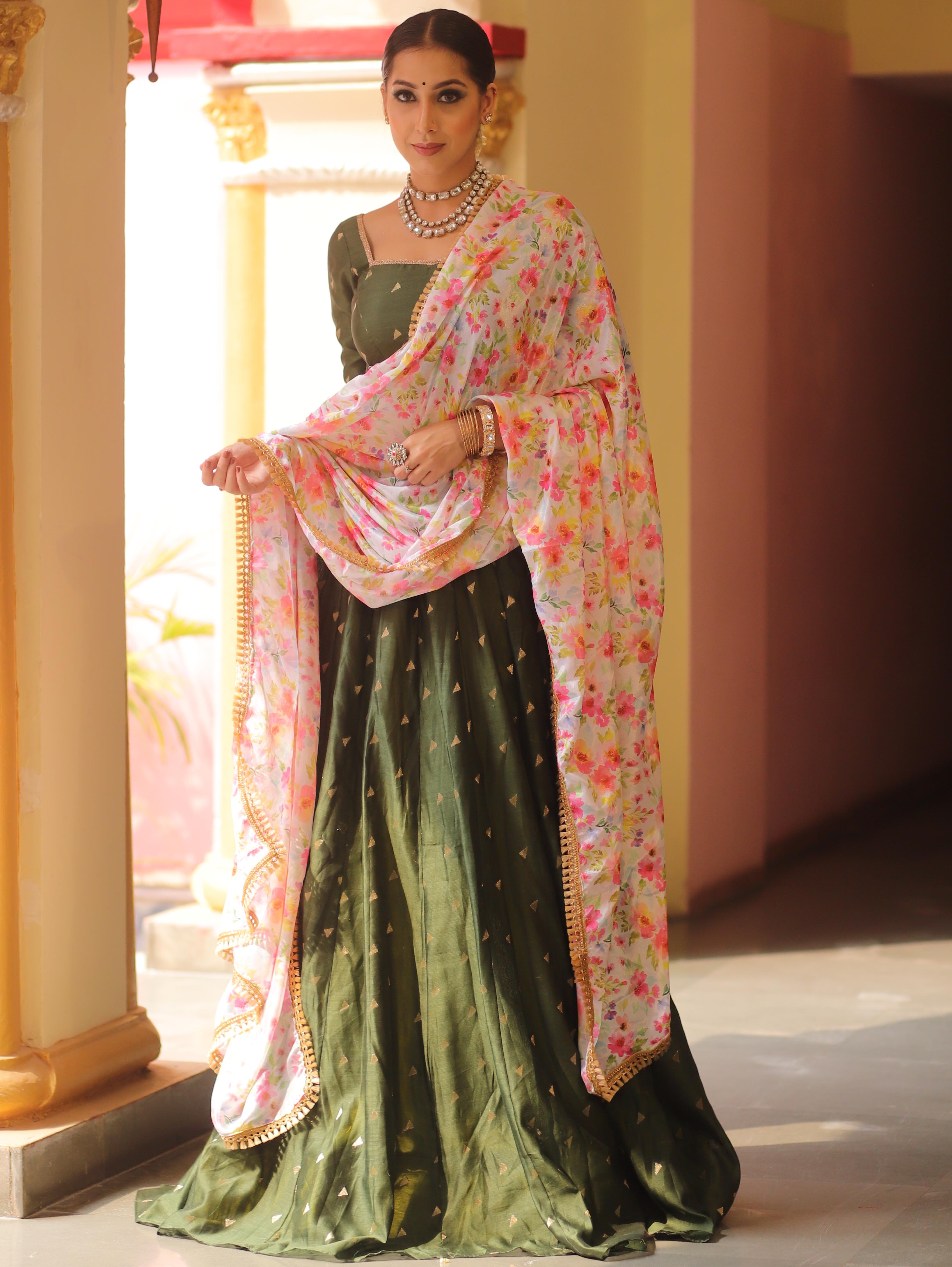 Banarasee Chanderi Silk Lehenga & Blouse With Crepe Silk Dupatta-Olive Green