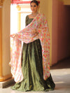 Banarasee Chanderi Silk Lehenga & Blouse With Crepe Silk Dupatta-Olive Green