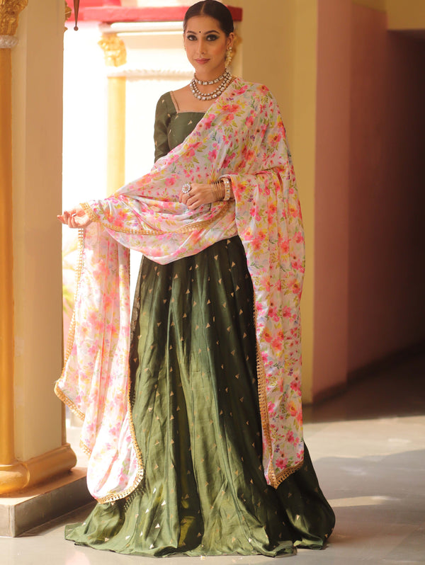 Banarasee Chanderi Silk Lehenga & Blouse With Crepe Silk Dupatta-Olive Green