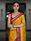 Banarasee Handloom Pure Chiffon Saree With Resham Work & Contrast Border-Yellow & Pink