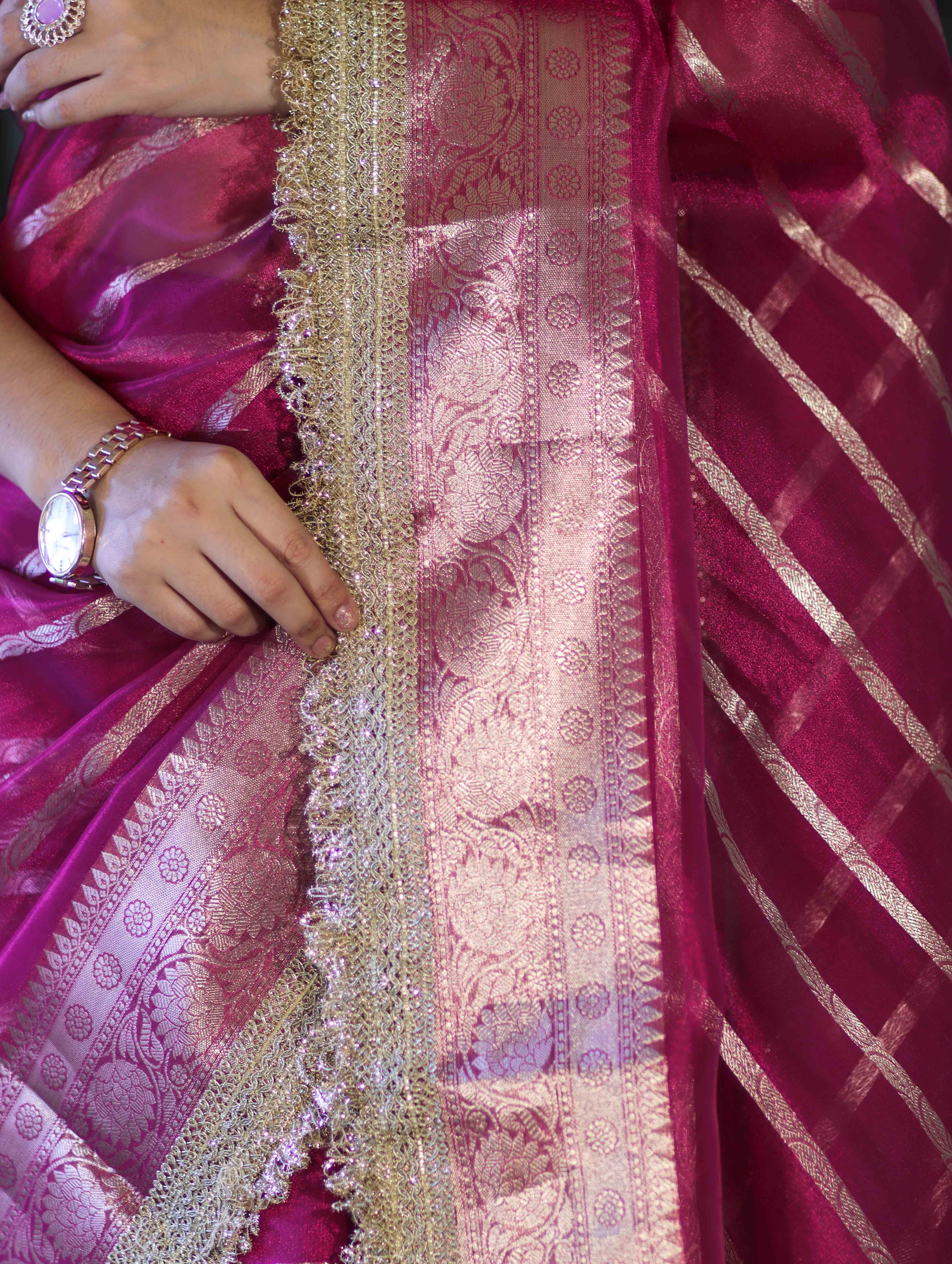 Banarasee Handwoven Tissue Saree With Zari Stripe Pattern Border & Lace-Magenta