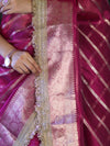 Banarasee Handwoven Tissue Saree With Zari Stripe Pattern Border & Lace-Magenta