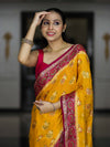 Banarasee Handloom Pure Chiffon Saree With Resham Work & Contrast Border-Yellow & Pink