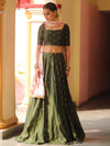 Banarasee Chanderi Silk Lehenga & Blouse With Crepe Silk Dupatta-Olive Green