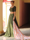 Banarasee Chanderi Silk Lehenga & Blouse With Crepe Silk Dupatta-Olive Green