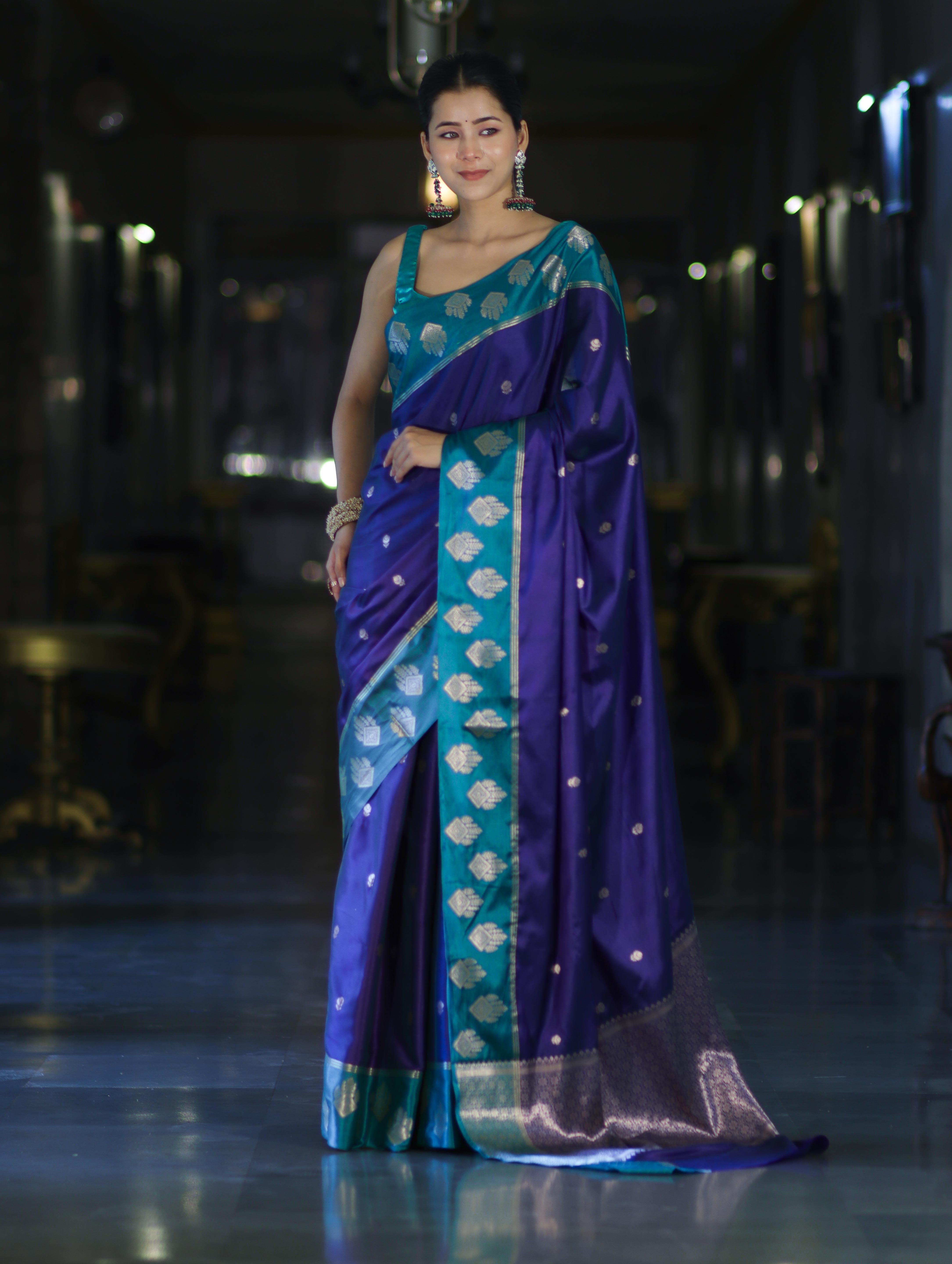 Banarasee Handloom Dual Tone Semi Silk Saree With Buti Design & Contrast Border-Violet & Teal Green