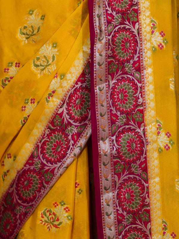 Banarasee Handloom Pure Chiffon Saree With Resham Work & Contrast Border-Yellow & Pink