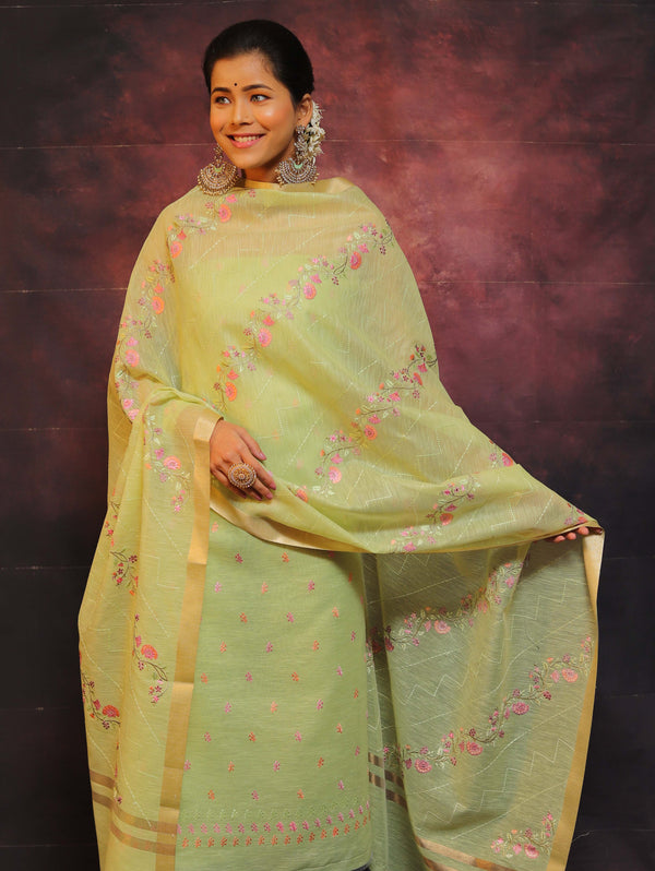 Banarasee Embroidered Linen Cotton Salwar Kameez With Dupatta-Green
