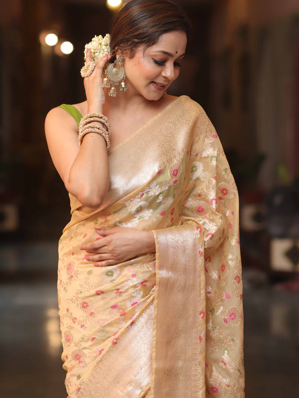 Banarasee Faux Georgette Saree With Gold Zari & Resham Jaal Work-Gold