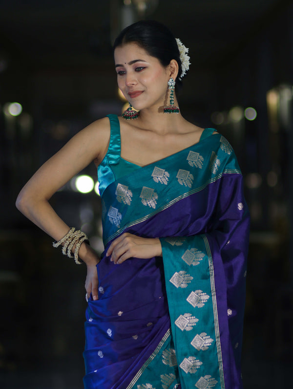 Banarasee Handloom Dual Tone Semi Silk Saree With Buti Design & Contrast Border-Violet & Teal Green