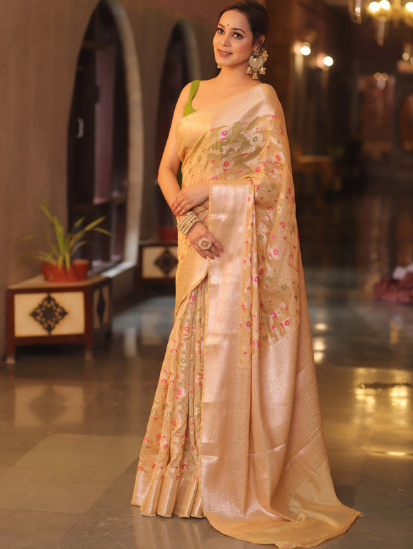 Banarasee Faux Georgette Saree With Gold Zari & Resham Jaal Work-Gold