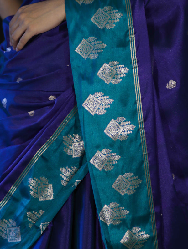 Banarasee Handloom Dual Tone Semi Silk Saree With Buti Design & Contrast Border-Violet & Teal Green