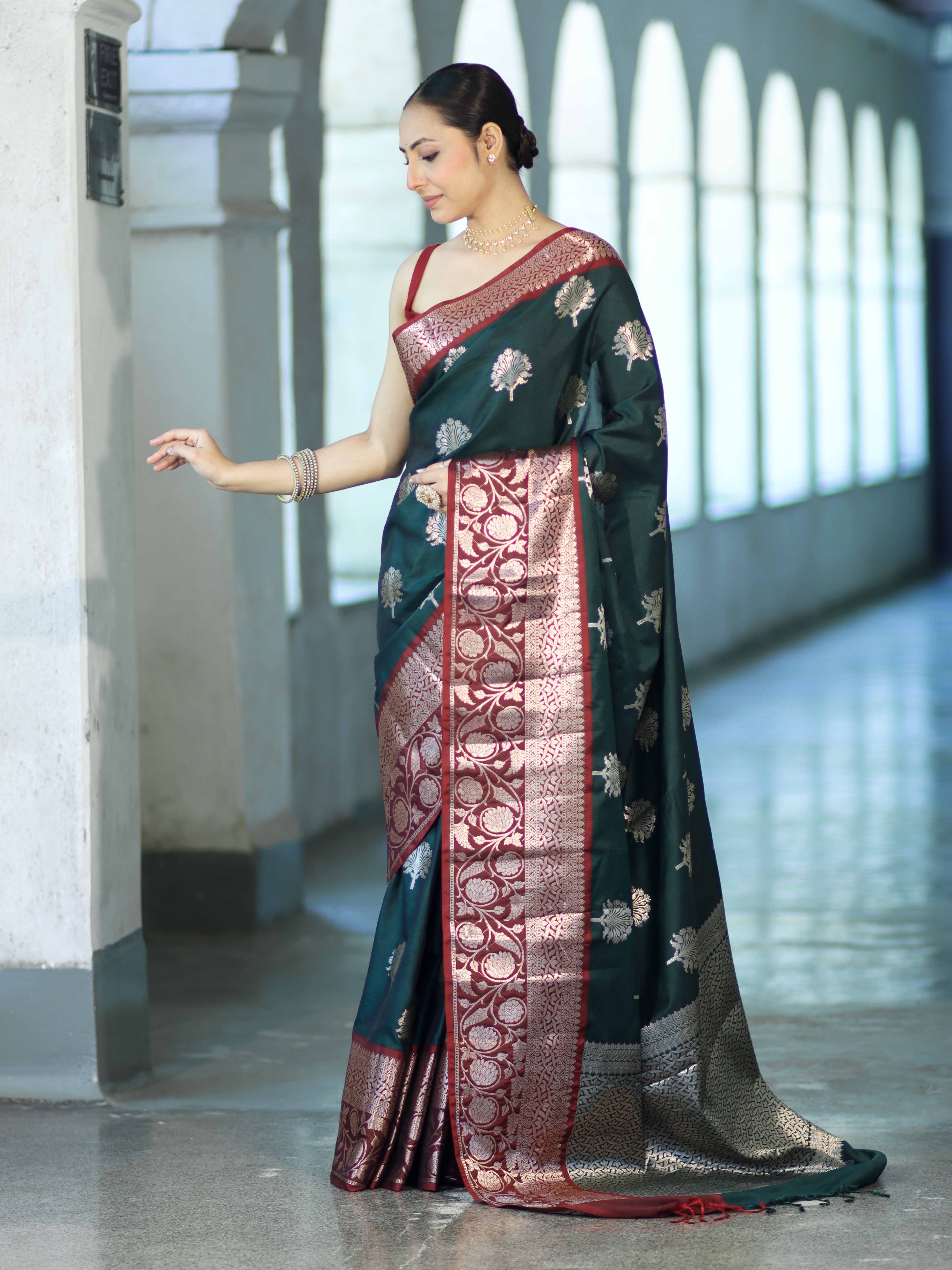 Banarasee Handloom Semi Silk Saree With Zari Buta Design & Contrast Border-Green & Maroon