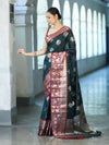 Banarasee Handloom Semi Silk Saree With Zari Buta Design & Contrast Border-Green & Maroon