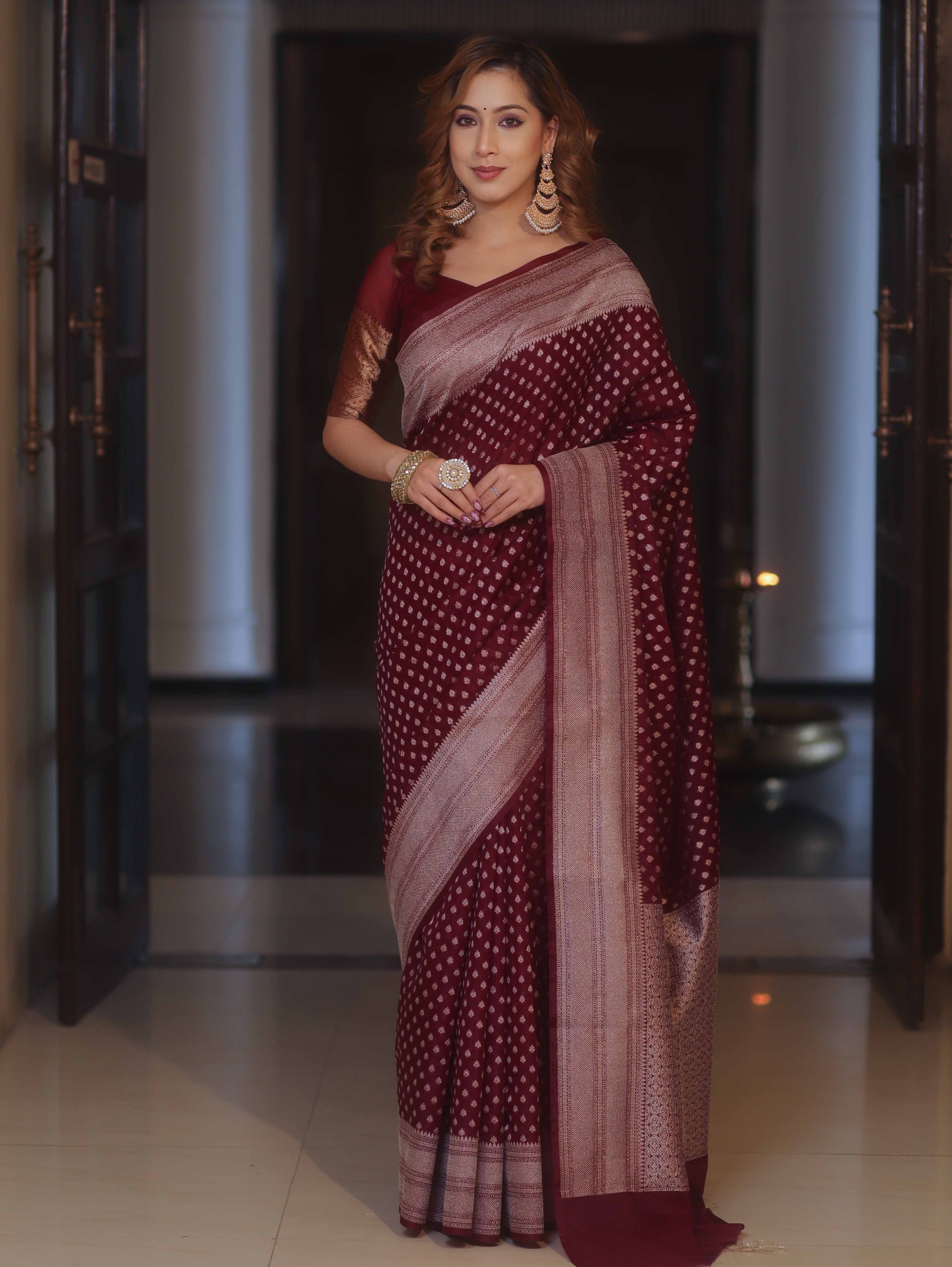 Banarasee Semi Chiffon Saree With Zari Buti & Border-Maroon