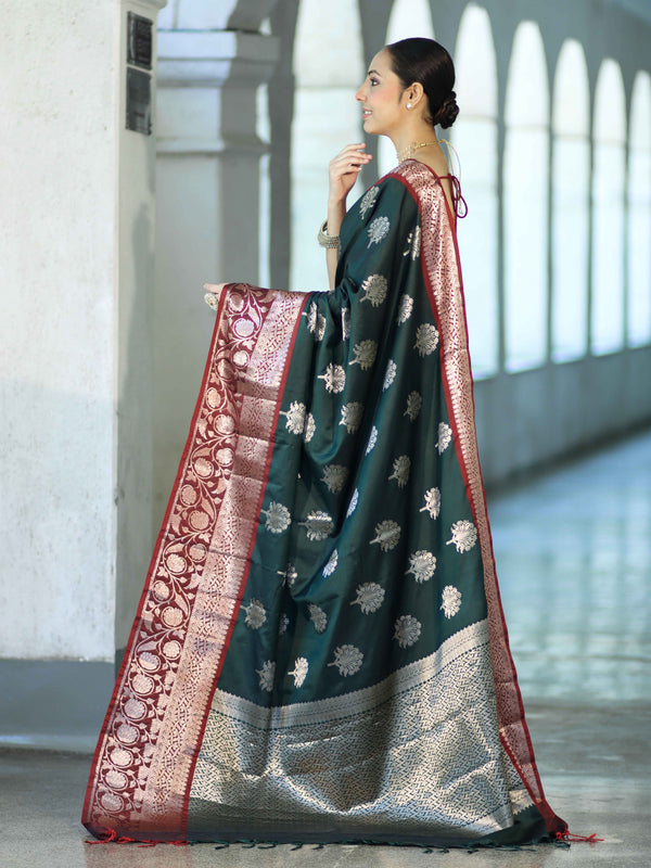 Banarasee Handloom Semi Silk Saree With Zari Buta Design & Contrast Border-Green & Maroon
