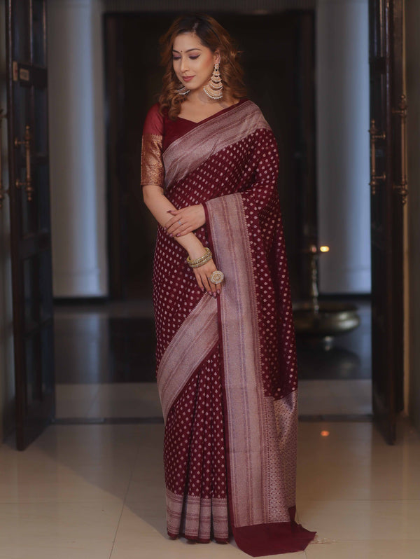 Banarasee Semi Chiffon Saree With Zari Buti & Border-Maroon