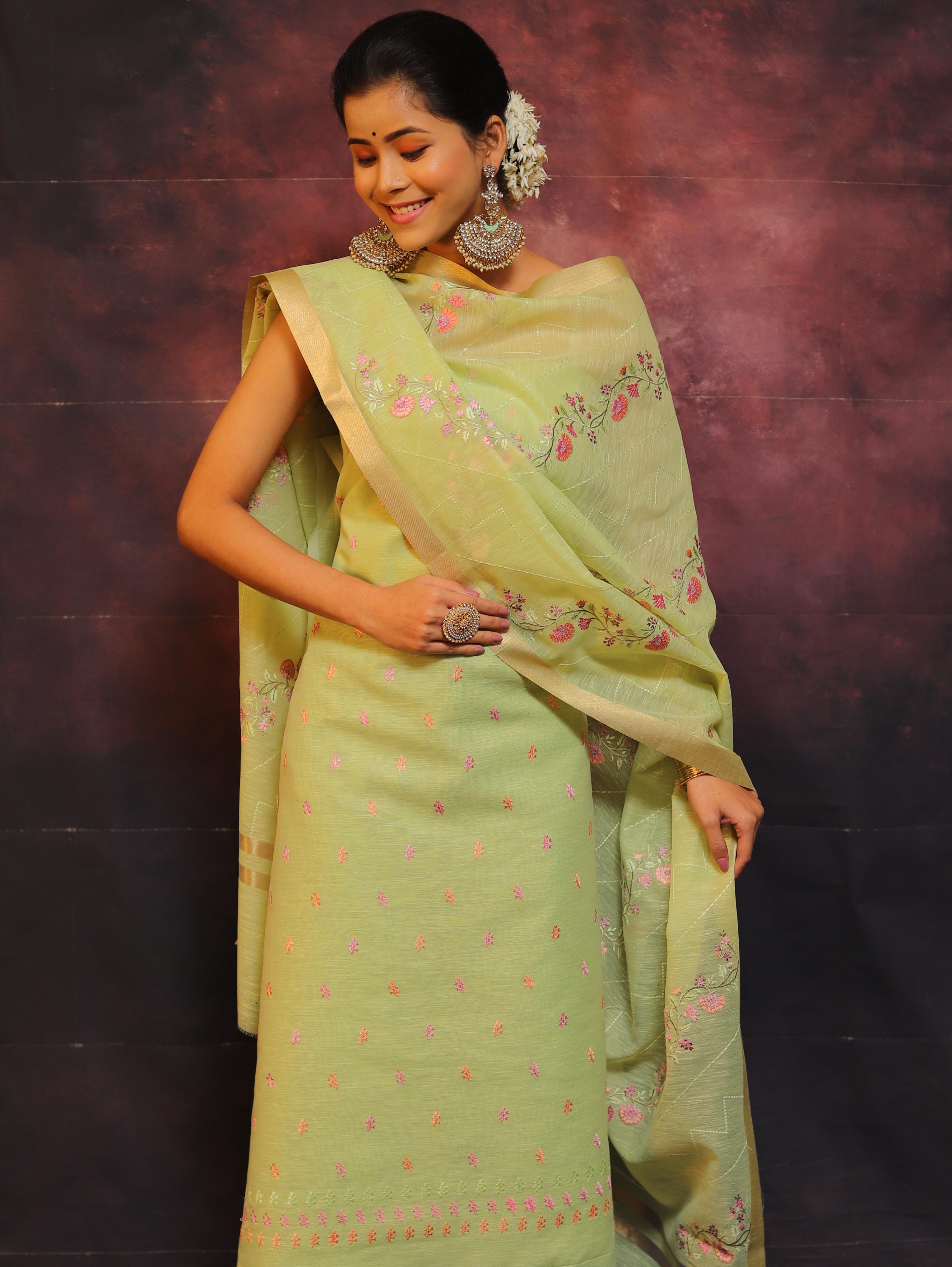 Banarasee Embroidered Linen Cotton Salwar Kameez With Dupatta-Green
