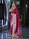 Banarasee Handwoven Tissue Saree With Floral Zari Border & Mirror Work Lace–Magenta