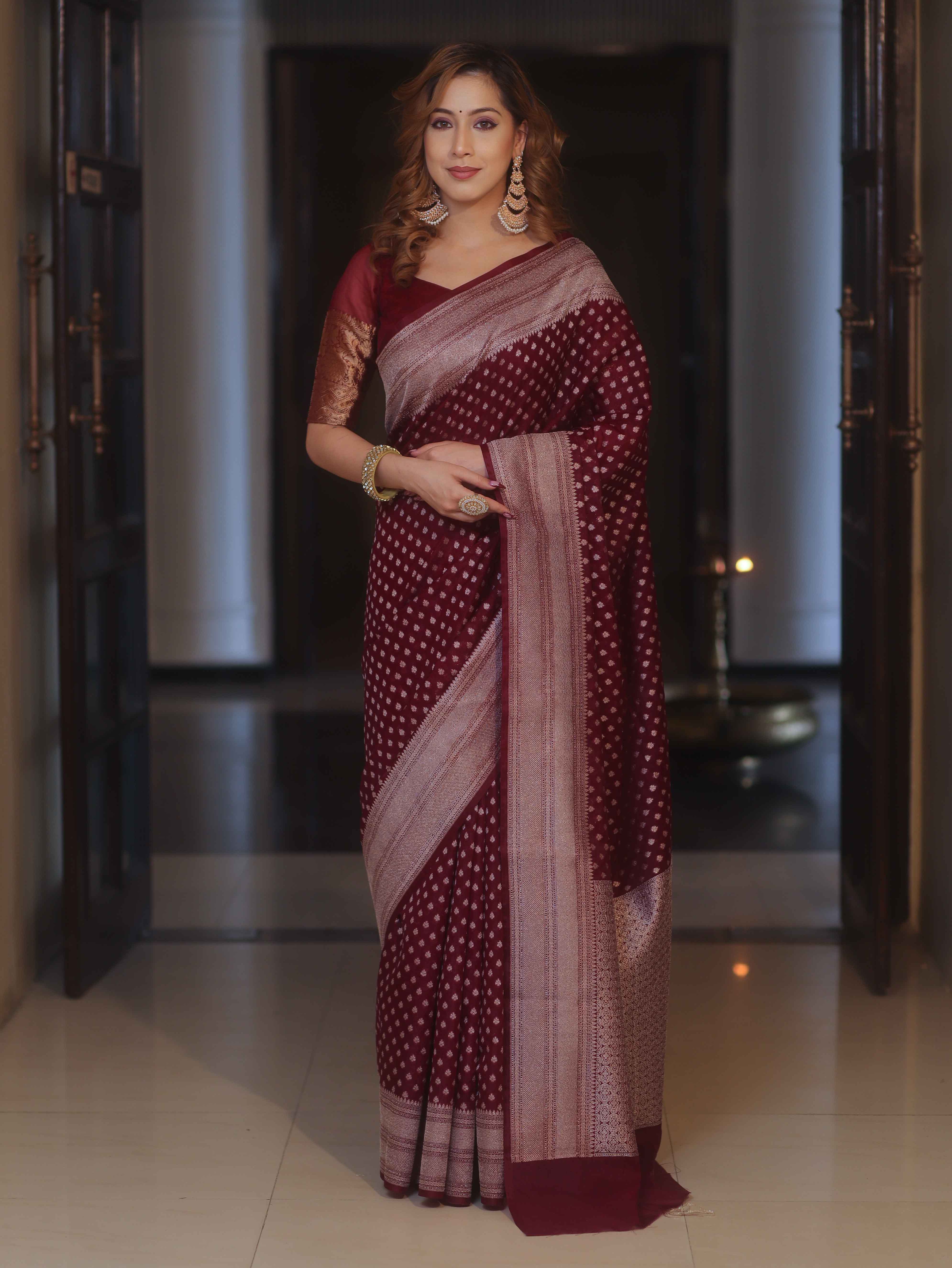 Banarasee Semi Chiffon Saree With Zari Buti & Border-Maroon