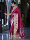 Banarasee Handwoven Tissue Saree With Floral Zari Border & Mirror Work Lace–Magenta