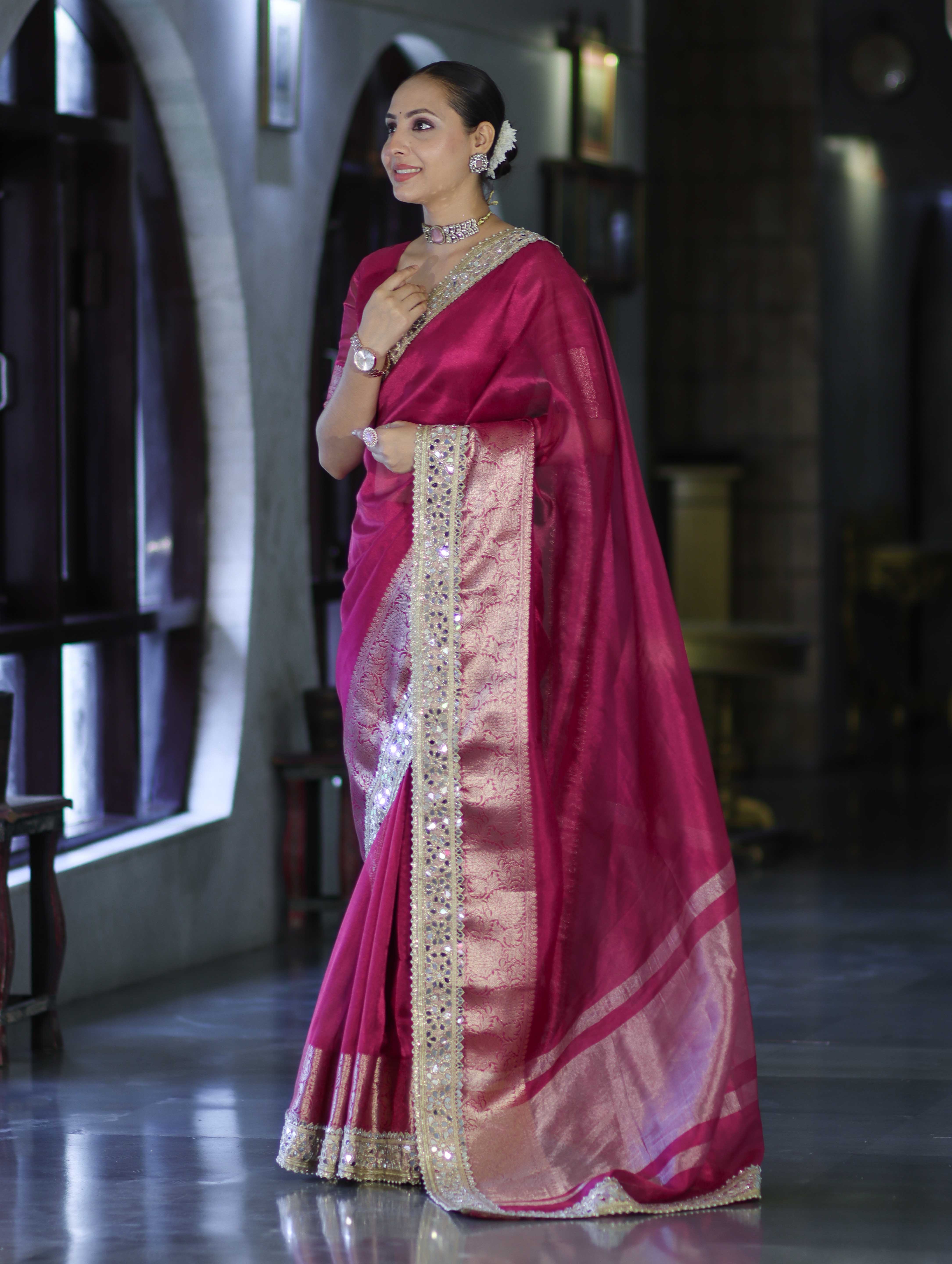Banarasee Handwoven Tissue Saree With Floral Zari Border & Mirror Work Lace–Magenta