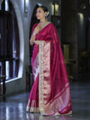 Banarasee Handwoven Tissue Saree With Floral Zari Border & Mirror Work Lace–Magenta