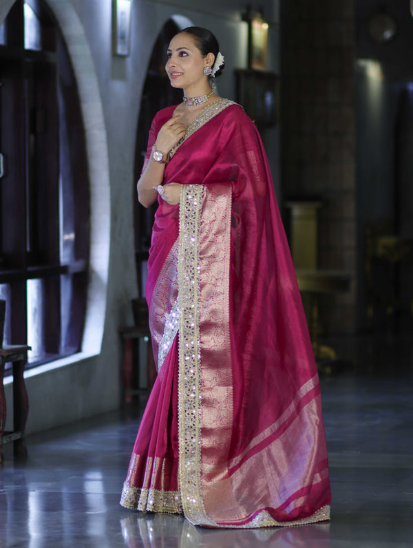 Banarasee Handwoven Tissue Saree With Floral Zari Border & Mirror Work Lace–Magenta