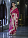 Banarasee Handwoven Tissue Saree With Floral Zari Border & Mirror Work Lace–Magenta