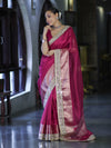 Banarasee Handwoven Tissue Saree With Floral Zari Border & Mirror Work Lace–Magenta