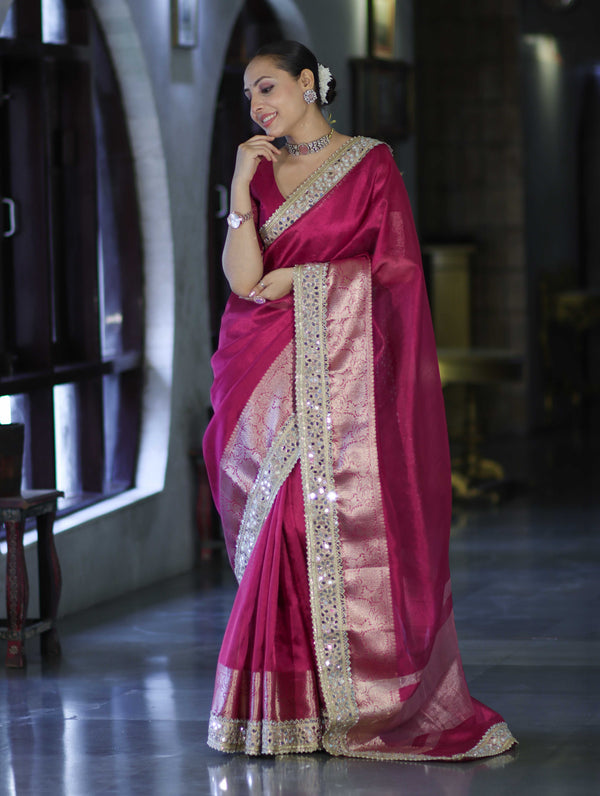 Banarasee Handwoven Tissue Saree With Floral Zari Border & Mirror Work Lace–Magenta