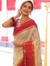 Banarasee Cotton Silk Mix Kota Checks Saree With Zari Design-White & Maroon
