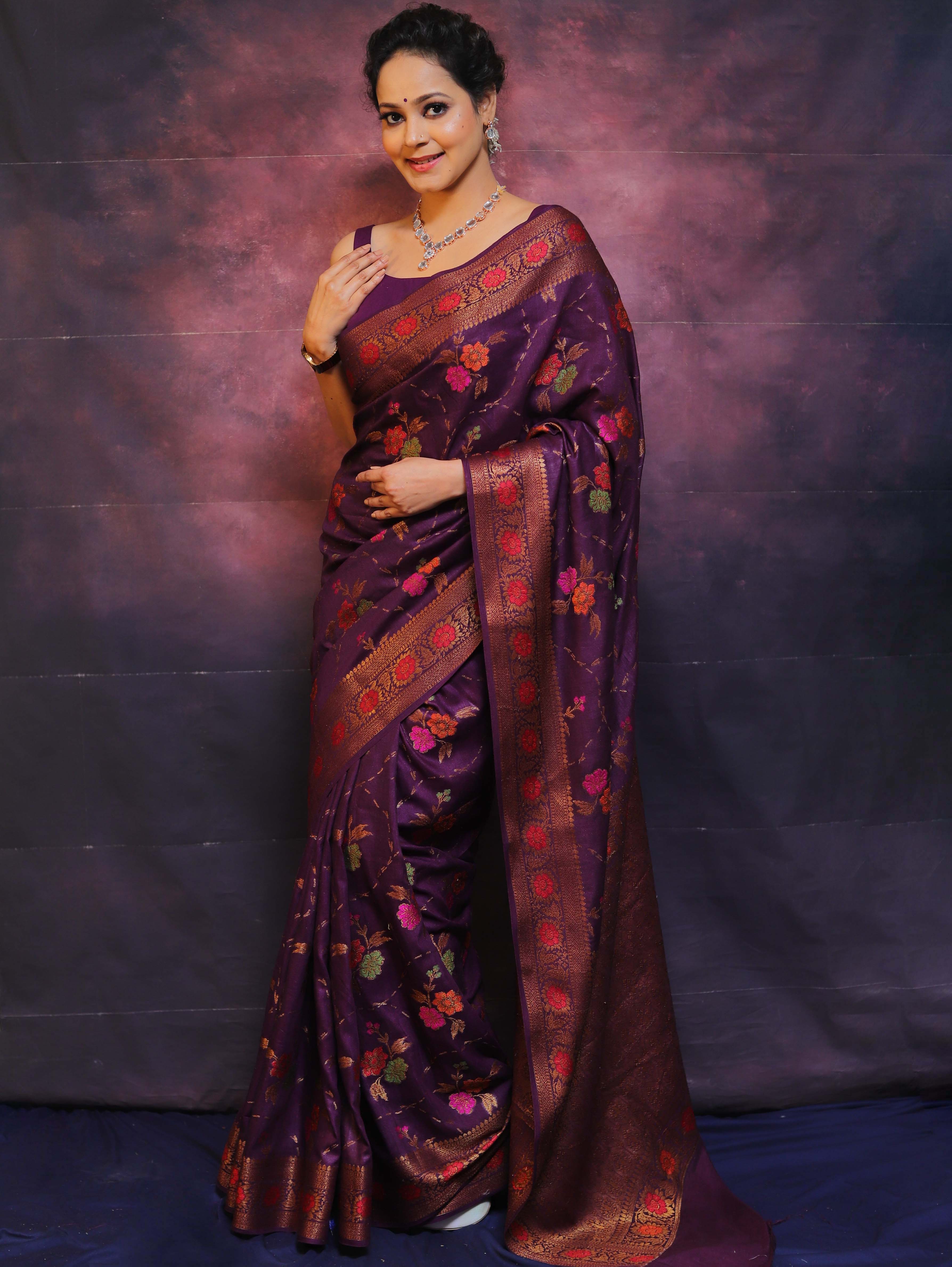 Banarasee Pure Handloom Muga Silk Saree With Resham & Zari Weaving-Violet