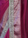 Banarasee Handwoven Tissue Saree With Floral Zari Border & Mirror Work Lace–Magenta