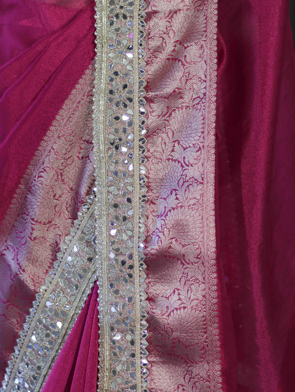 Banarasee Handwoven Tissue Saree With Floral Zari Border & Mirror Work Lace–Magenta