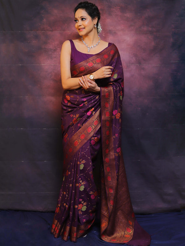 Banarasee Pure Handloom Muga Silk Saree With Resham & Zari Weaving-Violet
