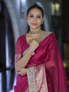 Banarasee Handwoven Tissue Saree With Floral Zari Border & Mirror Work Lace–Magenta