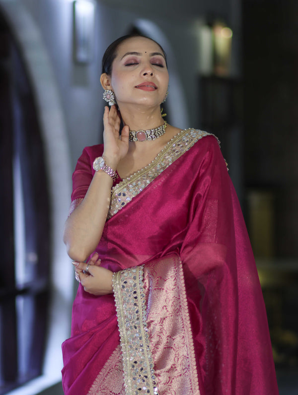 Banarasee Handwoven Tissue Saree With Floral Zari Border & Mirror Work Lace–Magenta