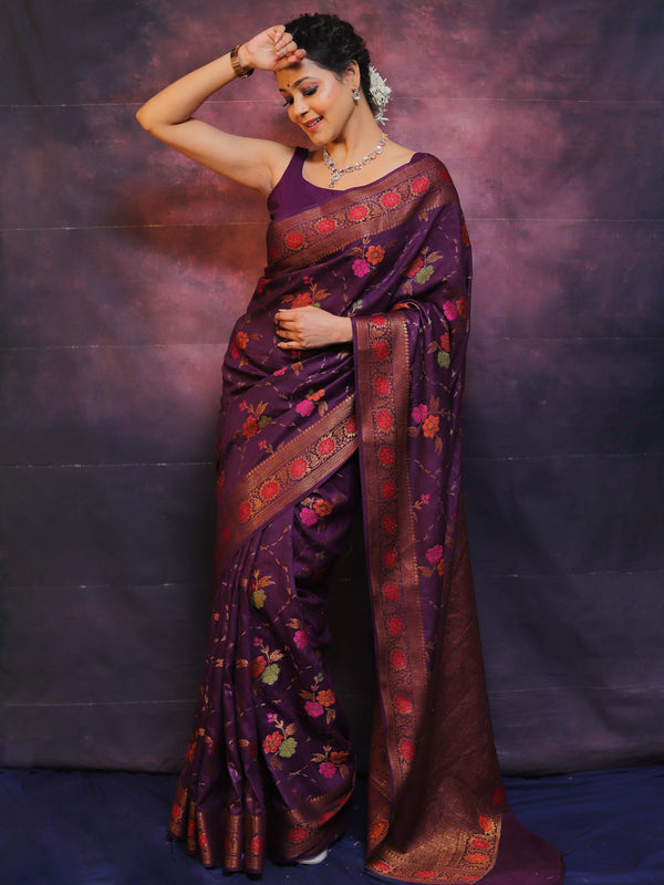 Banarasee Pure Handloom Muga Silk Saree With Resham & Zari Weaving-Violet