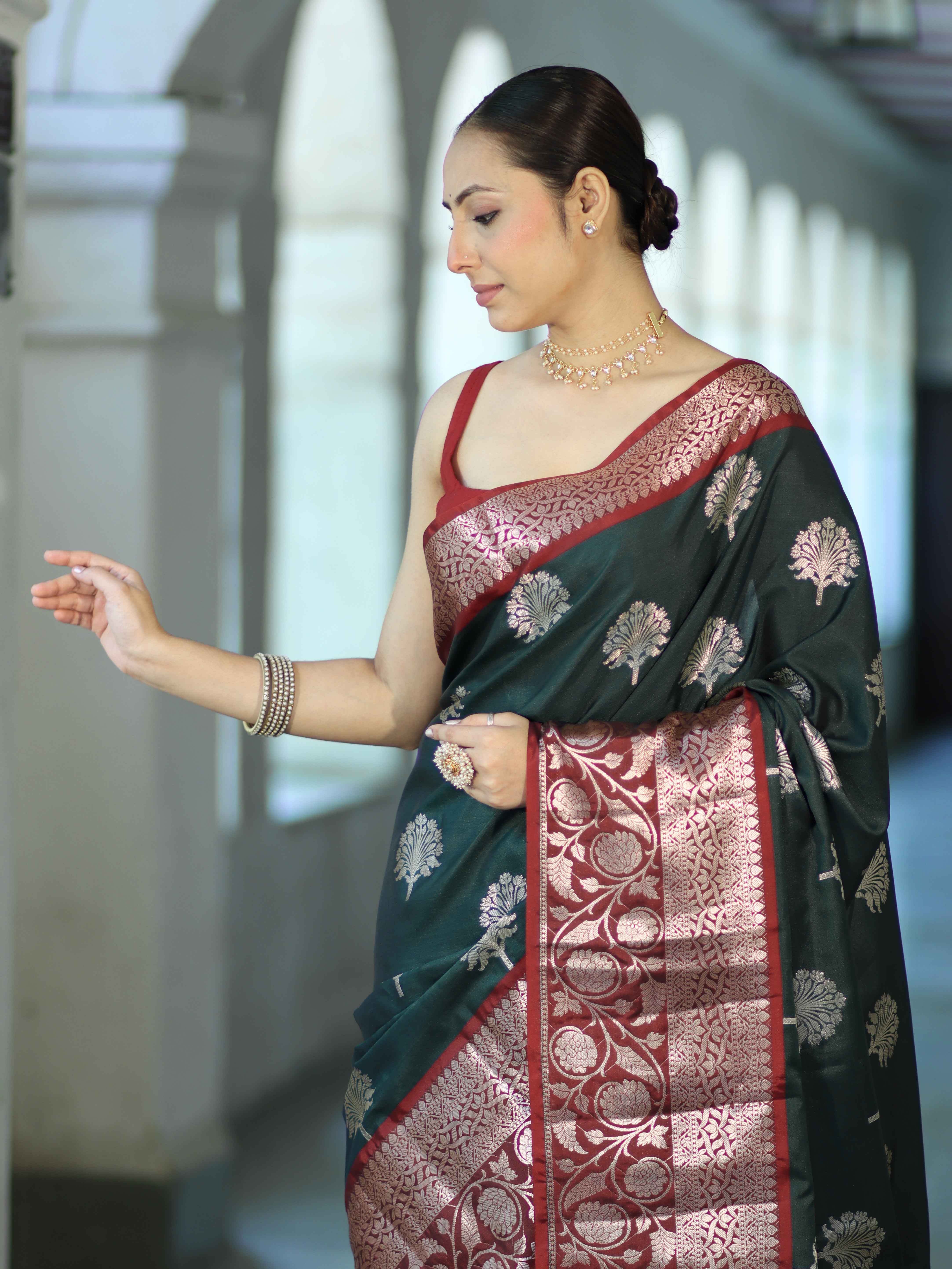 Banarasee Handloom Semi Silk Saree With Zari Buta Design & Contrast Border-Green & Maroon