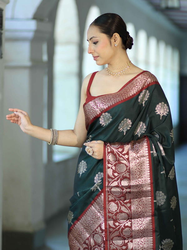 Banarasee Handloom Semi Silk Saree With Zari Buta Design & Contrast Border-Green & Maroon