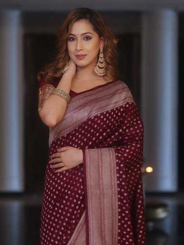 Banarasee Semi Chiffon Saree With Zari Buti & Border-Maroon