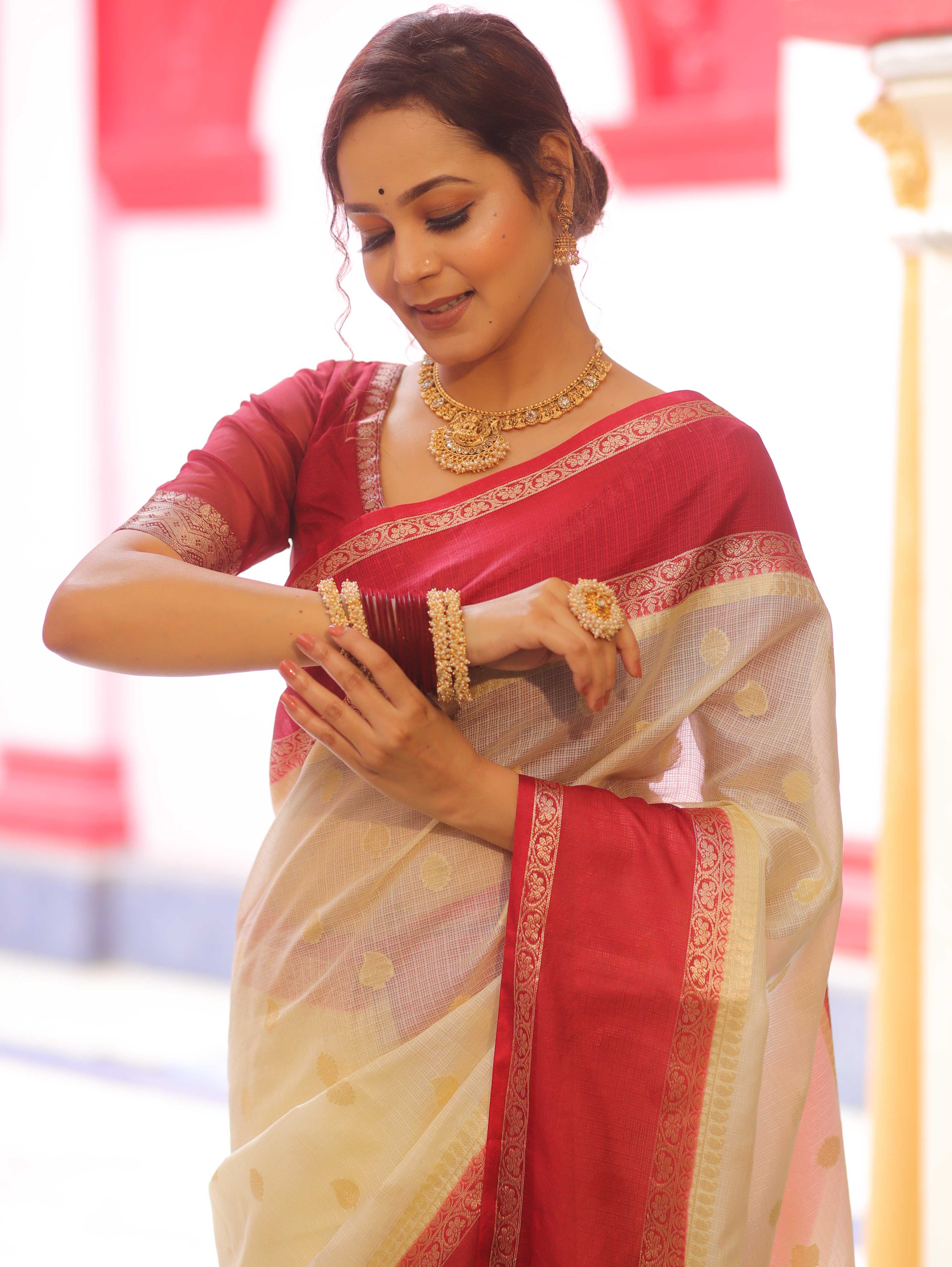 Banarasee Cotton Silk Mix Kota Checks Saree With Zari Design-White & Maroon