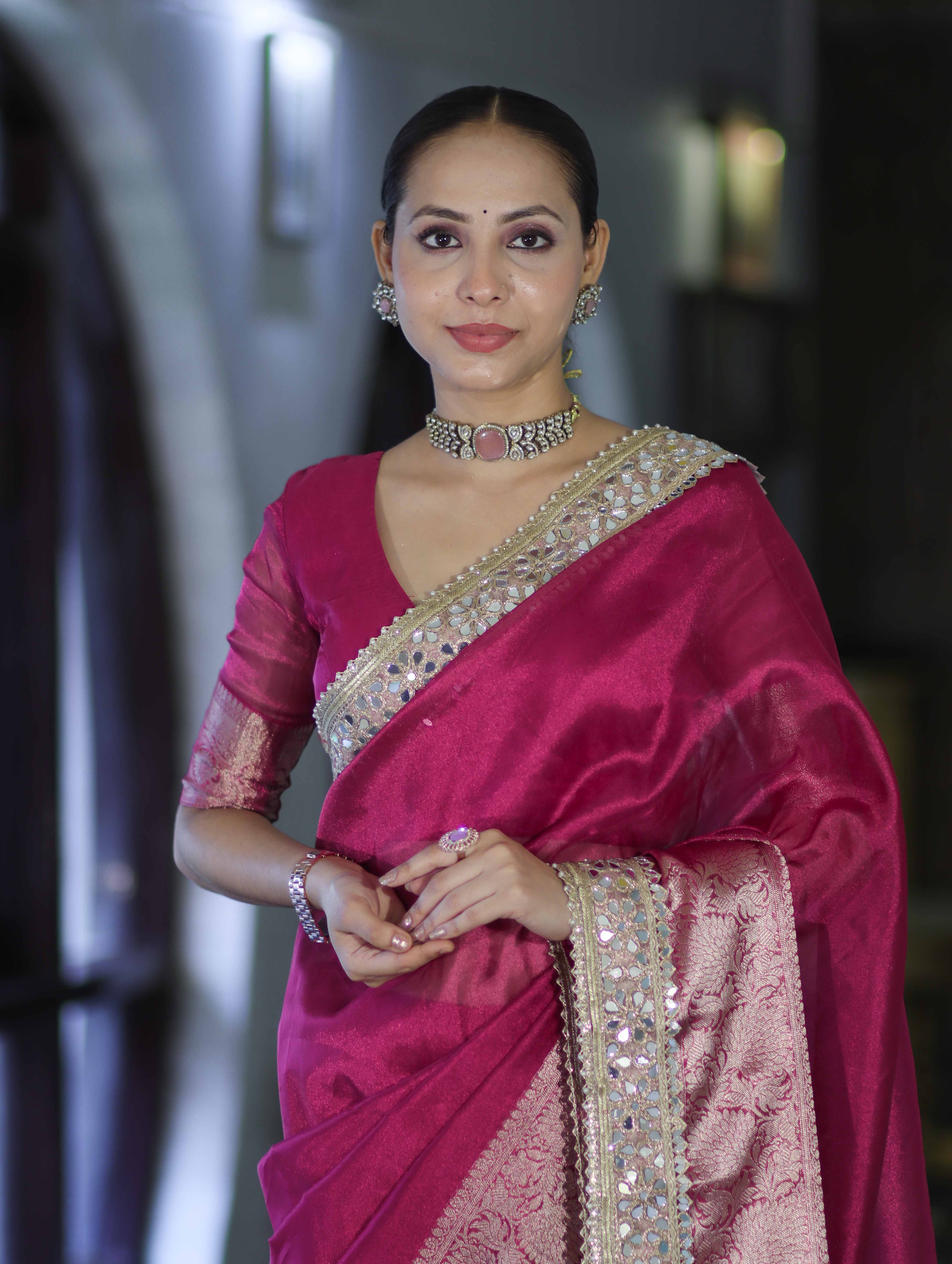 Banarasee Handwoven Tissue Saree With Floral Zari Border & Mirror Work Lace–Magenta